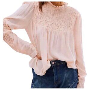 FREE PEOPLE Smocked in Time Pink Rose Ruffle Neck smocked‎ Blouse Top XS